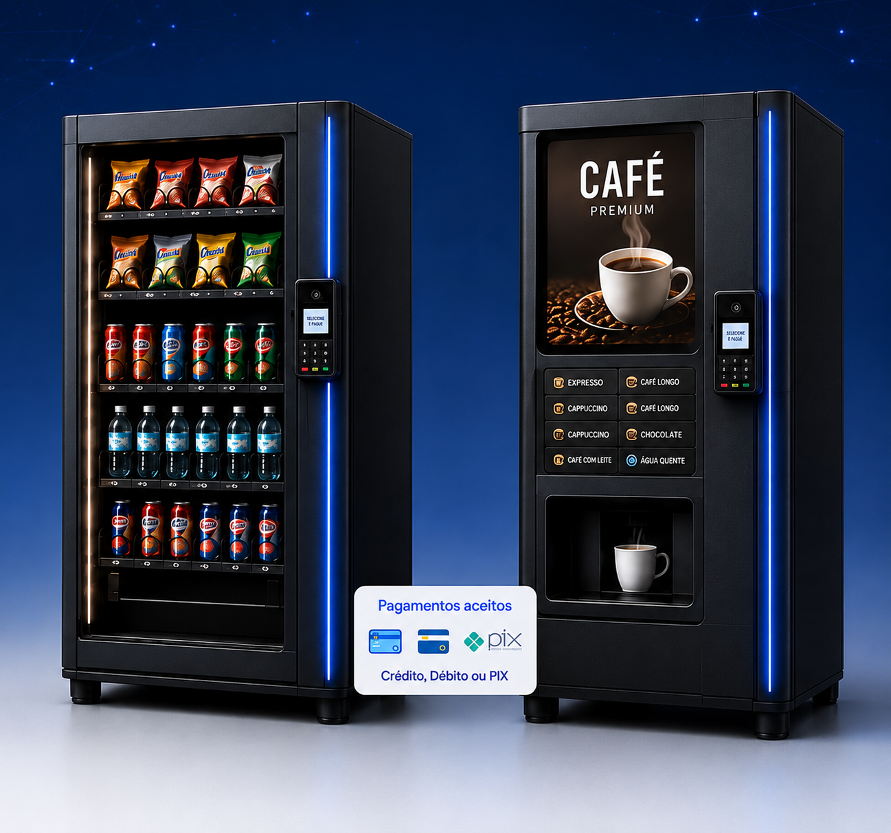 Vending machines com pagamento por cartão e Pix